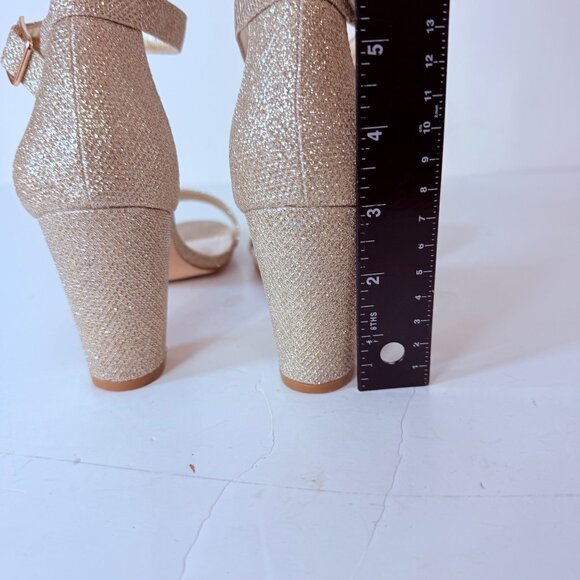 Gold Glitter Block Heel Sandals Size 8 Ankle Strap Open Toe Formal Party Shoes - Picture 12 of 14